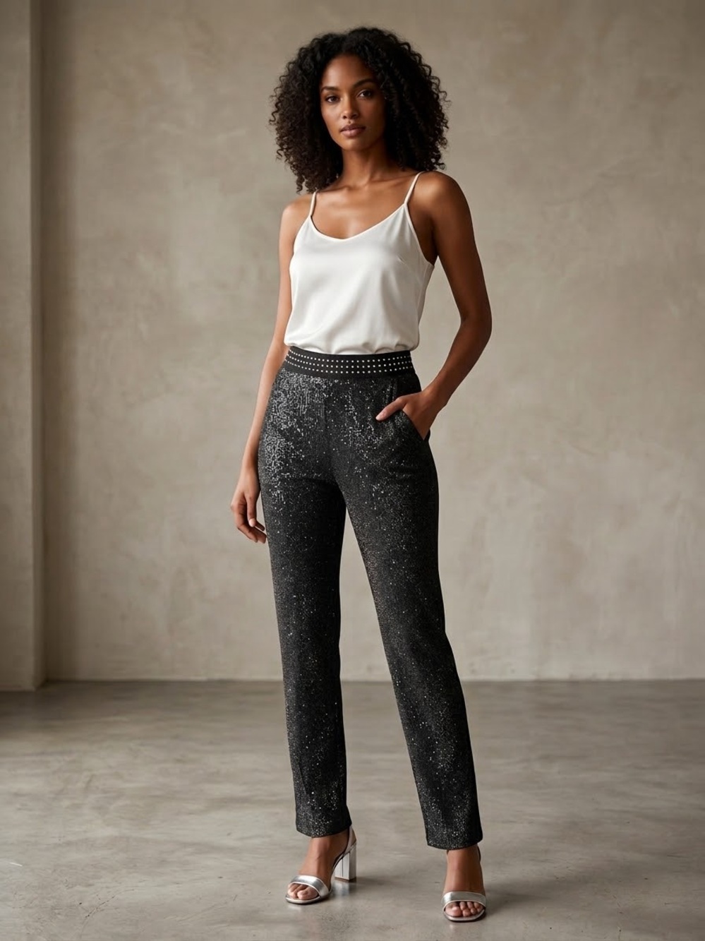 Jennifer Lopez Black Sparkle Straight-Leg Pants with Stud Waistband